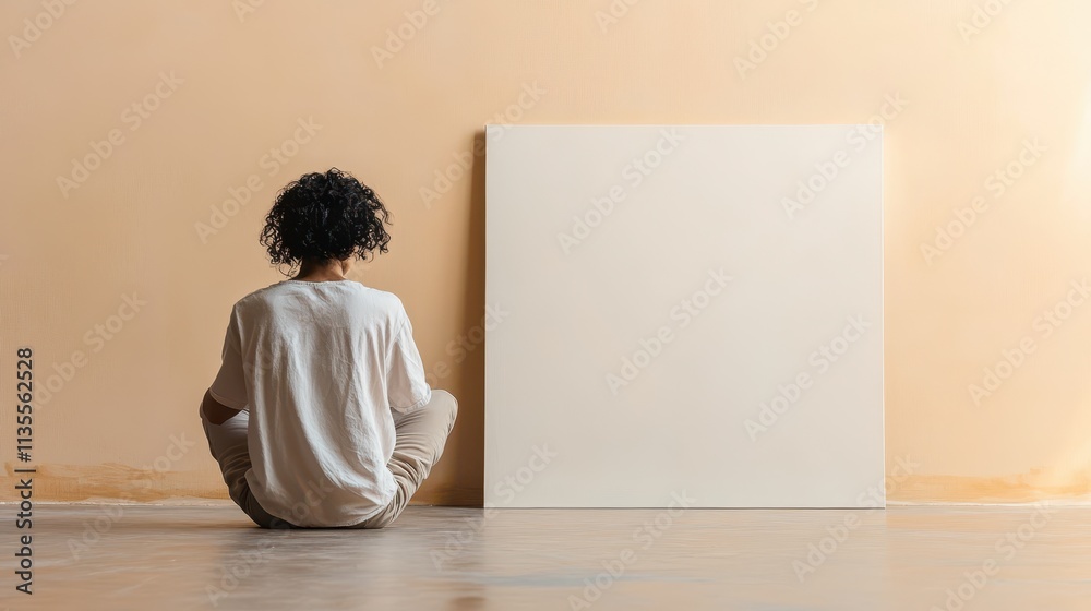 Thoughtful Artist Contemplating Blank Canvas in Minimalist Studio Setting with Warm Earthy Tones Thoughtful Artist Contemplating Blank Canvas in Minimalist Studio Setting with Warm Earthy Tones