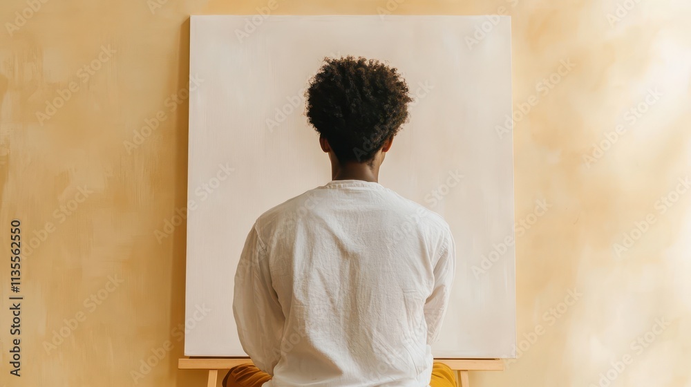 Young artist contemplating a blank canvas in a serene studio with warm tone walls and soft lighting Young artist contemplating a blank canvas in a serene studio with warm tone walls and soft lighting