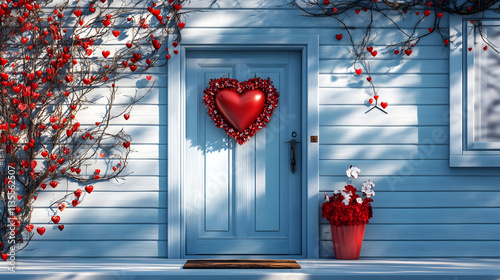 Romantic Valentine's Day Home Decor: A Blue House Adorned with Red Hearts