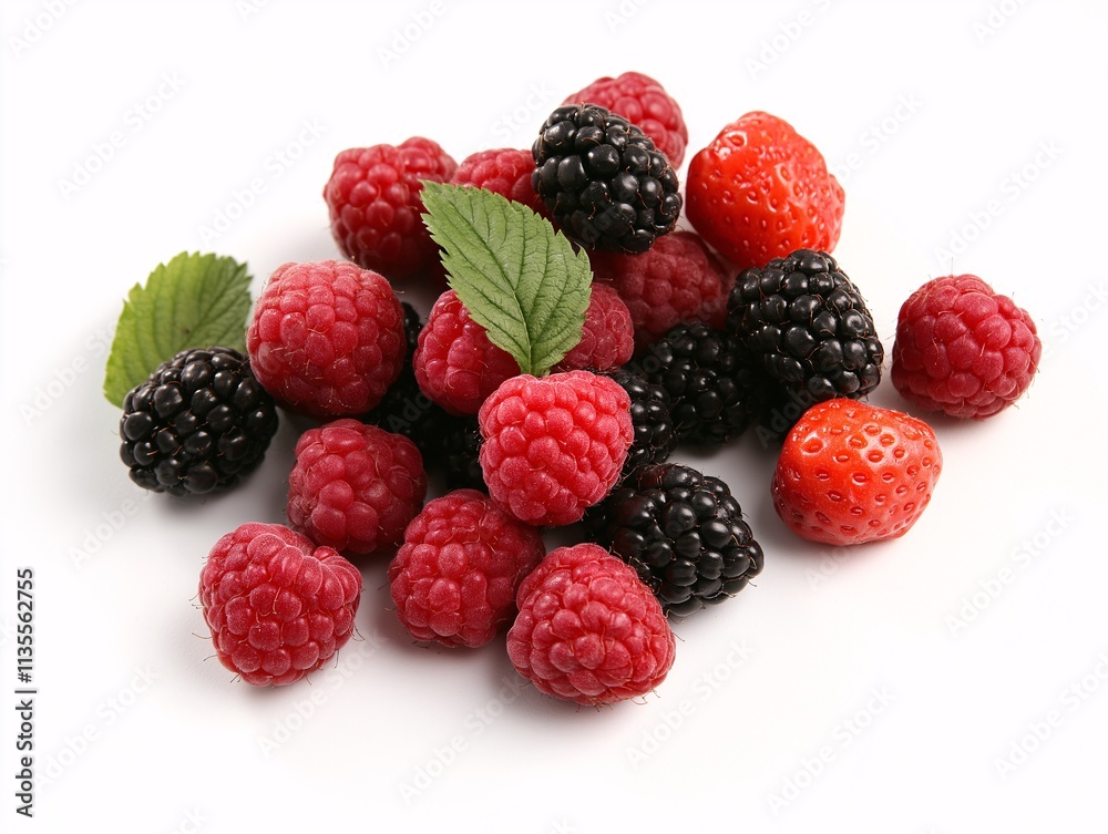 Fresh and Vibrant Berries Including Raspberries, Blackberries, and Strawberries Composed on a White Background for Culinary and Health Themes