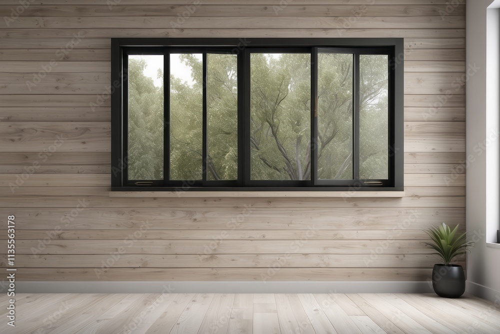 Fototapeta premium Empty home interior, minimalist black window, Driftwood wall background