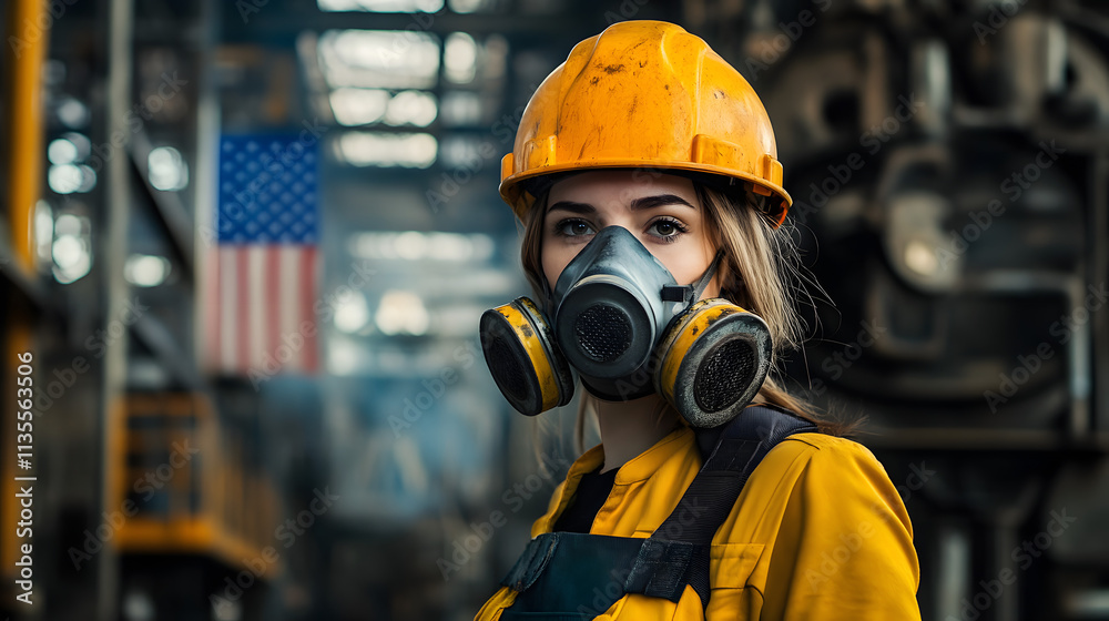 A woman adorned in a vibrant yellow helmet and protective gas mask stands confidently in a hazardous work environment. Her sturdy attire hints at the dangerous nature of her surroundings. A woman adorned in a vibrant yellow helmet and protective gas mask stands confidently in a hazardous work environment. Her sturdy attire hints at the dangerous nature of her surroundings.
