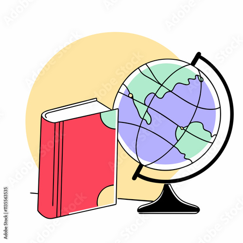 Red book next to a globe in a colorful educational setting copy space