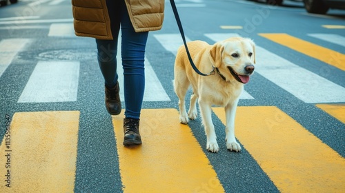 A person walking a happy Labrador retriever dog on a busy city street crossing during a sunny day photo