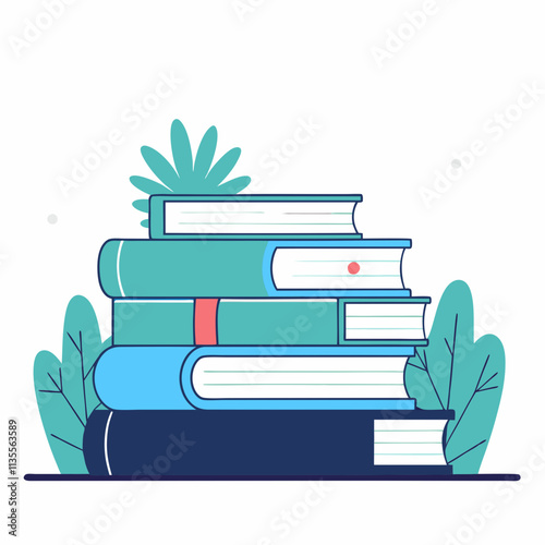Stack of colorful books surrounded by plants in a modern, vibrant design copy space