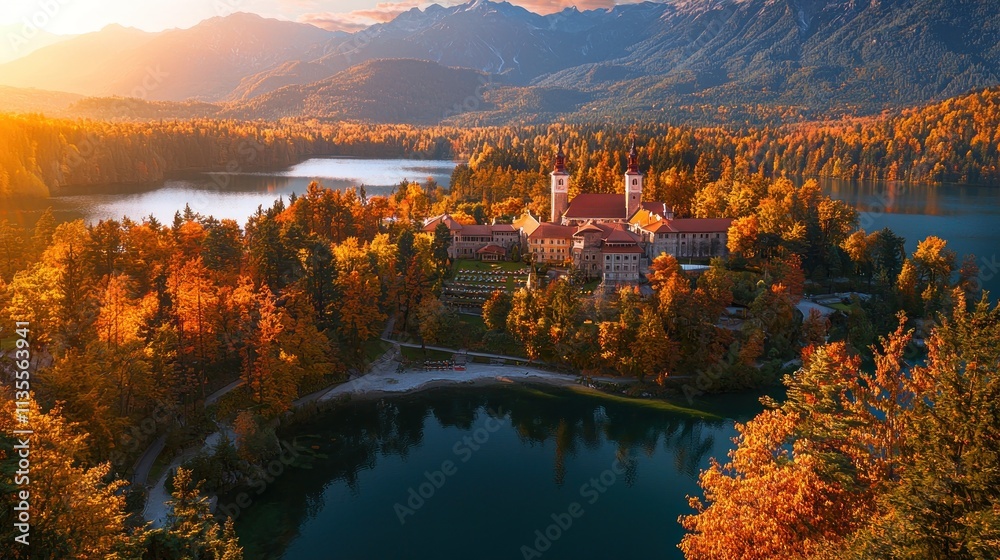 Fototapeta premium Autumnal Island Church Lake Mountain Landscape