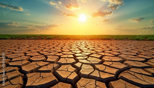 Scorching sun sets on cracked earth. Dry field shows effects of drought. Green grass field borders dry land. Climate crisis visible. Eco disaster concept. Land parched. Severe heatwave. photo