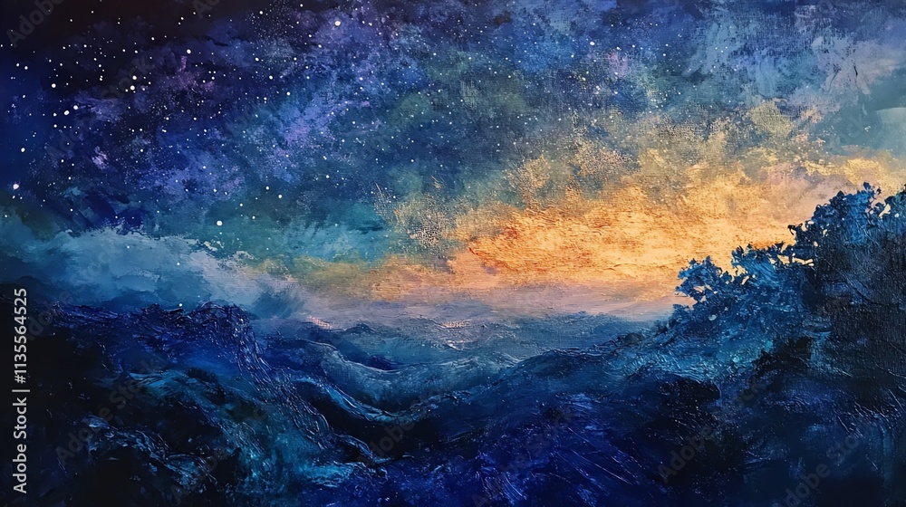 Fototapeta premium Vibrant night sky over rolling hills and valleys.