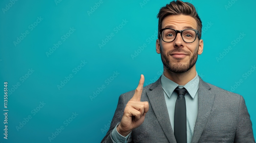 Professional man in a suit gesturing upward with a confident smile against a vibrant turquoise background. Professional man in a suit gesturing upward with a confident smile against a vibrant turquoise background.