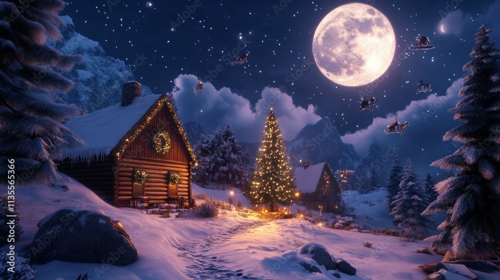 Naklejka premium A festive snowy village with a warmly lit cabin, a beautifully decorated Christmas tree in the front yard, and a frosty moonlit sky.