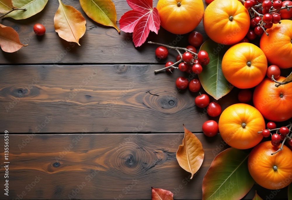 Autumnal scene on rustic wooden planks. Ripe oranges and pumpkins lay amid colorful leaves. Small red berries add a pop of color. Perfect for fall or Thanksgiving themes. Autumnal scene on rustic wooden planks. Ripe oranges and pumpkins lay amid colorful leaves. Small red berries add a pop of color. Perfect for fall or Thanksgiving themes.