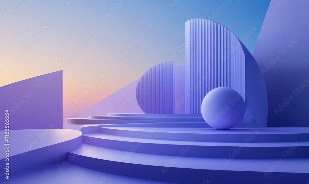 Abstract purple geometric shapes, pastel sunrise backdrop, 3D render. Abstract purple geometric shapes, pastel sunrise backdrop, 3D render.