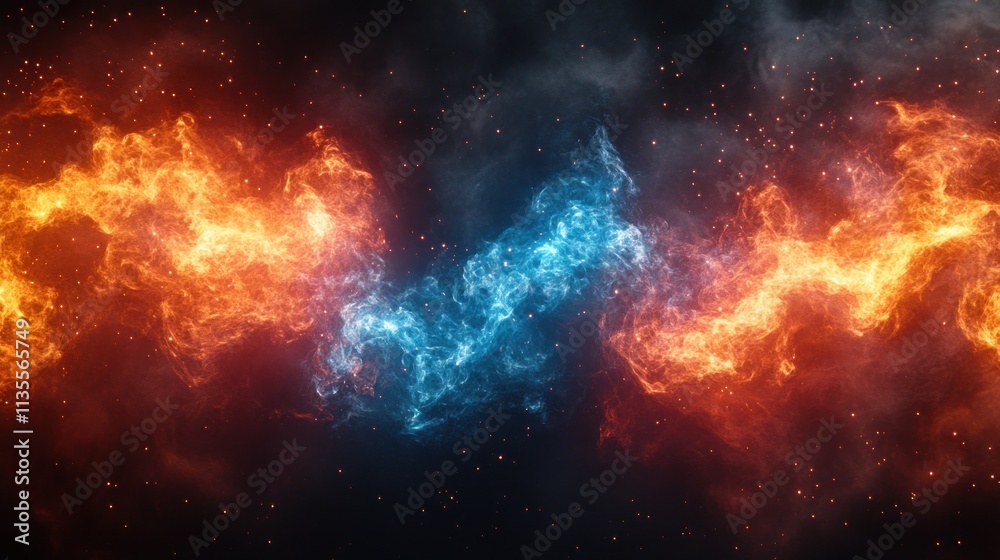 Abstract background with flowing blue and orange fire flames on black background.
