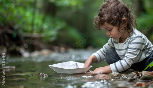 Toddler Placing Paper Boat in Stream