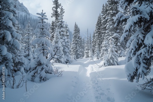 Snowy Winter Landscape Path Through Evergreen Trees in a Forest Surrounded by Thick Snow Cover Under a Soft Cloudy Sky Ideal for Nature and Outdoor Photography