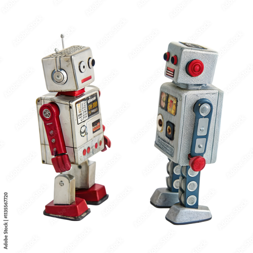 Two retro tin robot robot on white background Two retro tin robot robot on white background
