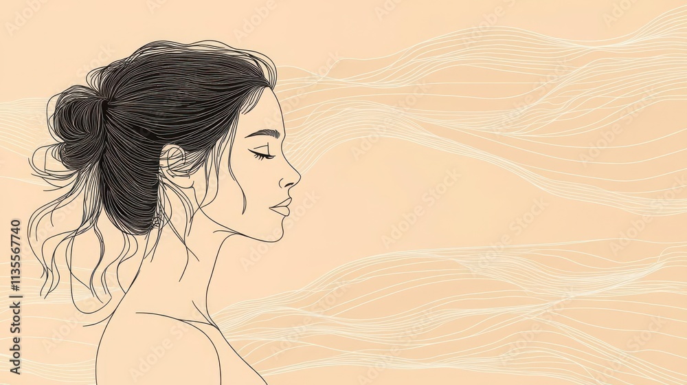 Pencil Sketch Line Following Drawing Art: A serene illustration of a woman in profile, embodying tranquility and self-reflection against a soothing, and isolated clean background Pencil Sketch Line Following Drawing Art: A serene illustration of a woman in profile, embodying tranquility and self-reflection against a soothing, and isolated clean background