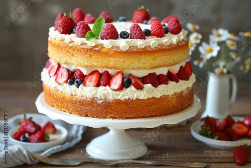 Beautiful Layered Cake Decorated with Fresh Berries and Cream, Perfect for Celebrations and Summer Gatherings, Showcasing a Culinary Delight and Vibrant Colors