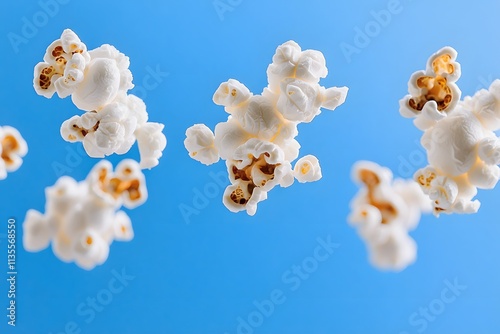 A dynamic shot of floating popcorn against a blue background, evoking fun and snacking. photo