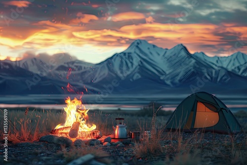 Detailed Color Picture of Campfire and Teapot with Tent and Mountains in the Background at Sunset