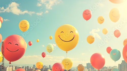 A joyful International Day of Happiness scene with smiling faces and colorful balloons against a sunny cityscape background, wide shot, Joyful style photo