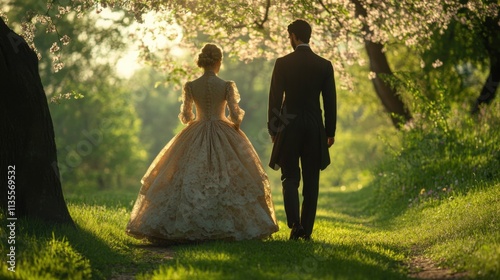 Romantic Couple in Victorian Attire Strolling Through a Blossoming Garden Path