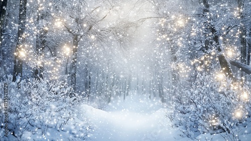 A magical Enchanted Winter Forest scene with snow-covered trees and twinkling fairy lights in a snowy woodland backdrop, close-up shot, Fantasy style photo