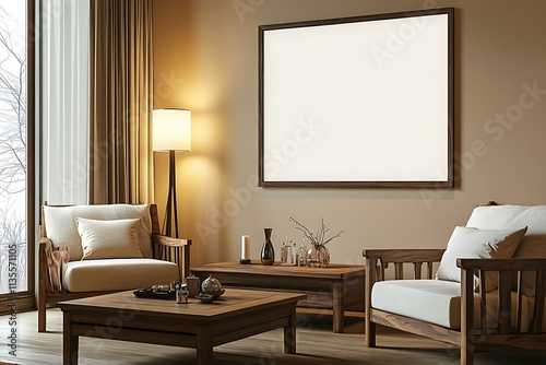 Blank frame mockup in minimalist living room with wooden furniture and warm lighting.