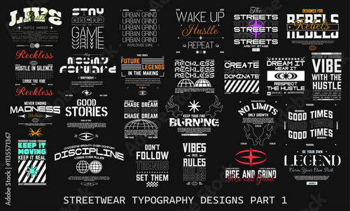 Streetwear Quotes Graphic T-shirt Designs. Streetwear Typography Vector Set. Streetwear T shirt Designs Bundle. Brutalism Collection for T-shirt Print. Clothing Design Pack. Typographic Set. 