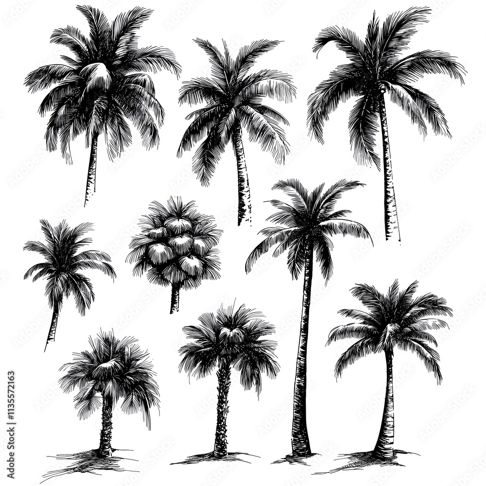 collection of black ink drawings of palm trees, clip art style on white background collection of black ink drawings of palm trees, clip art style on white background