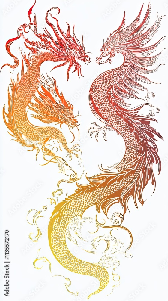 Two Elegant Dragons Intertwined In A Dance Of Fire Two Elegant Dragons Intertwined In A Dance Of Fire