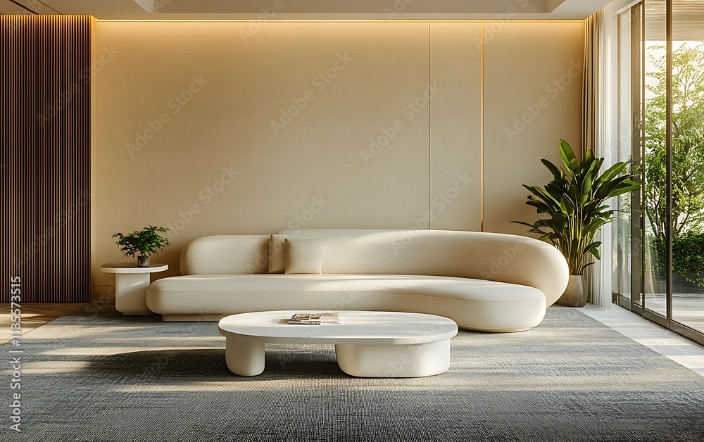 Modern living room with curved sofa, coffee table, plants, and large window. Modern living room with curved sofa, coffee table, plants, and large window.