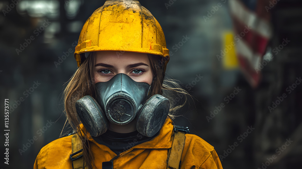 A woman adorned in a vibrant yellow helmet and protective gas mask stands confidently in a hazardous work environment. Her sturdy attire hints at the dangerous nature of her surroundings. A woman adorned in a vibrant yellow helmet and protective gas mask stands confidently in a hazardous work environment. Her sturdy attire hints at the dangerous nature of her surroundings.