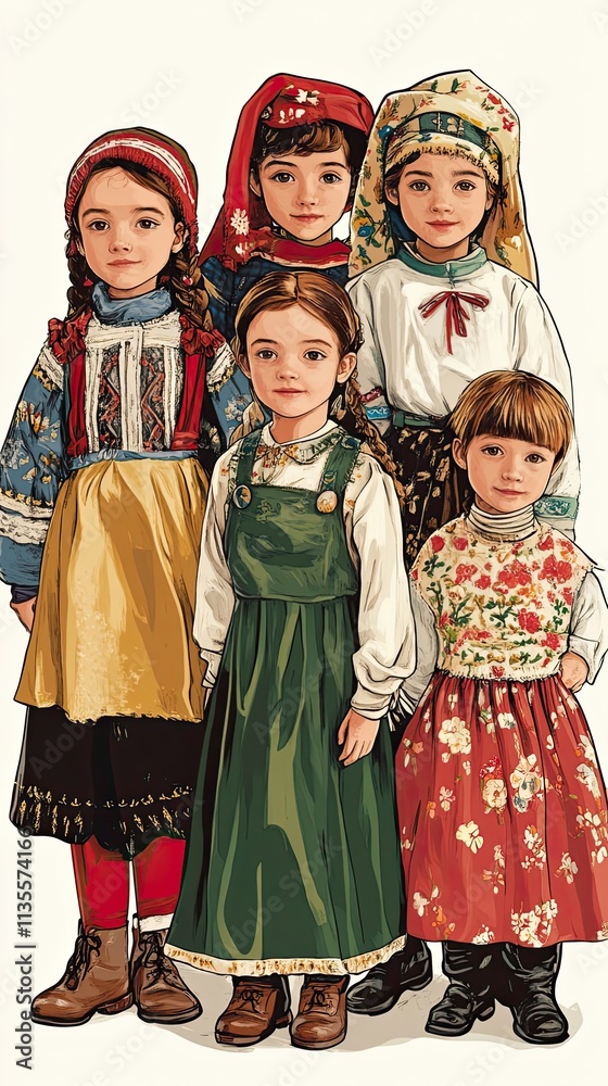 Five Young Girls Wearing Traditional Folk Costumes Five Young Girls Wearing Traditional Folk Costumes