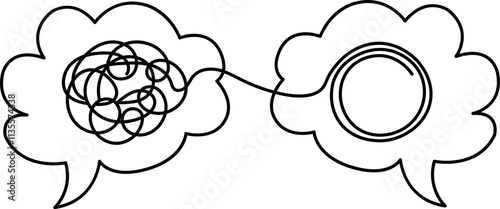 Tangled Thoughts: One Line Art Illustration of Two Speech Bubbles, One with a Messy Tangle and the Other with a Simple Circle