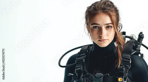 Beautiful woman scuba diver wearing black wetsuit and equipment on white background photo