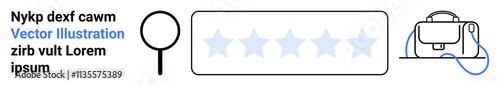 Magnifying glass icon, five-star rating bar, and satchel bag illustration. Ideal for web design, user reviews, e-commerce, customer feedback, business ratings, online shopping, marketing. Landing