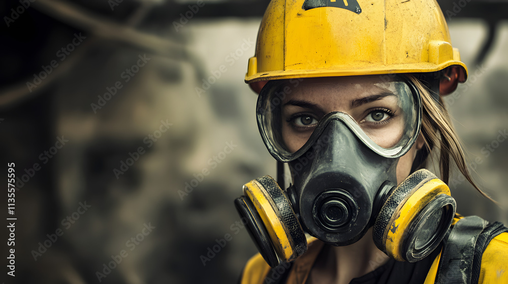A woman adorned in a vibrant yellow helmet and protective gas mask stands confidently in a hazardous work environment. Her sturdy attire hints at the dangerous nature of her surroundings. A woman adorned in a vibrant yellow helmet and protective gas mask stands confidently in a hazardous work environment. Her sturdy attire hints at the dangerous nature of her surroundings.