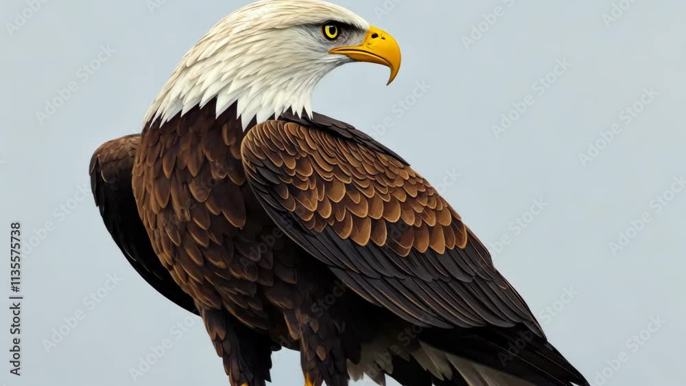 Bald eagle perched majestically on a rock against a clear sky background in a natural habitat Bald eagle perched majestically on a rock against a clear sky background in a natural habitat