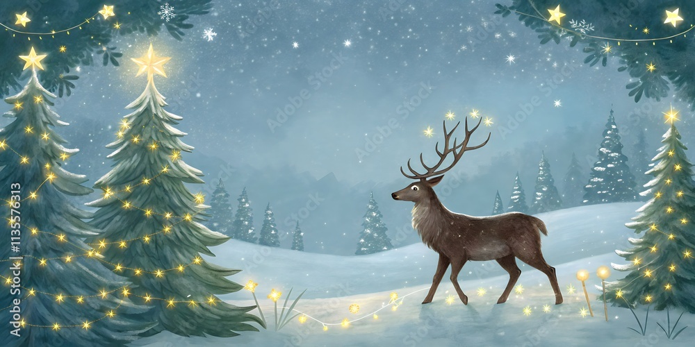 Magical Christmas Banner with Reindeer in Snowy Forest, Festive Holiday Scene