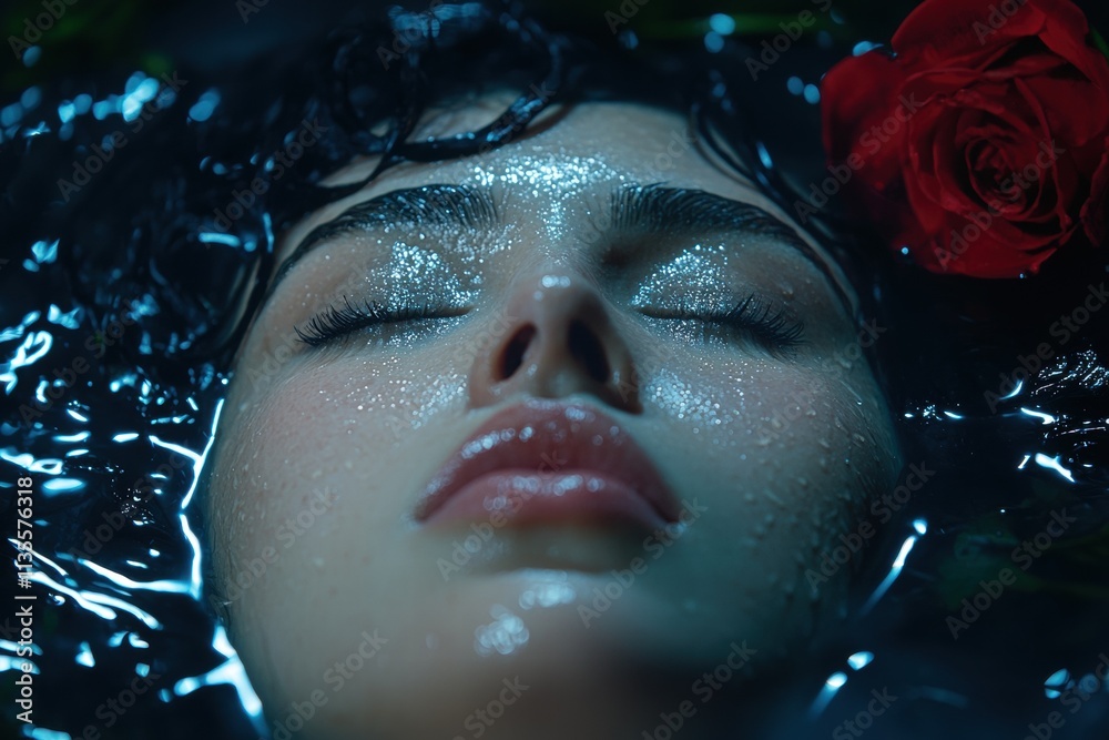 Glamorous woman with glittering makeup and red rose Glamorous woman with glittering makeup and red rose