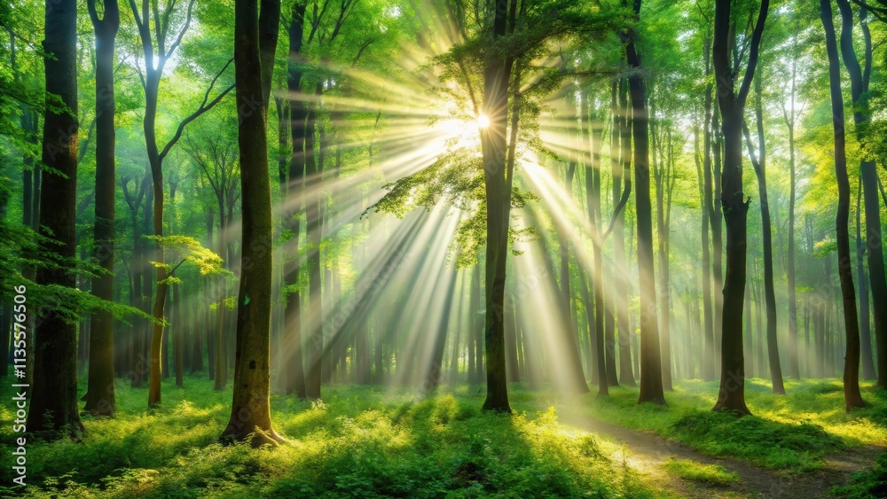 Fototapeta premium Sunbeams filtering through lush green forest trees creating a scenic and serene , sunlight, forest, trees, nature