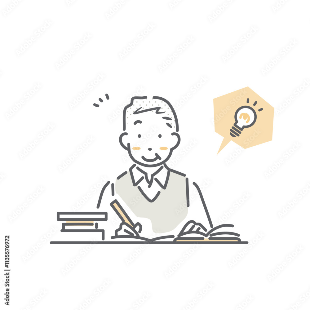 意欲的に勉強をするシニア男性 シンプルでお洒落な線画イラスト 意欲的に勉強をするシニア男性 シンプルでお洒落な線画イラスト