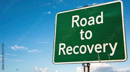 Recession unemployment concept. Road sign indicating the path to recovery against a clear blue sky. photo