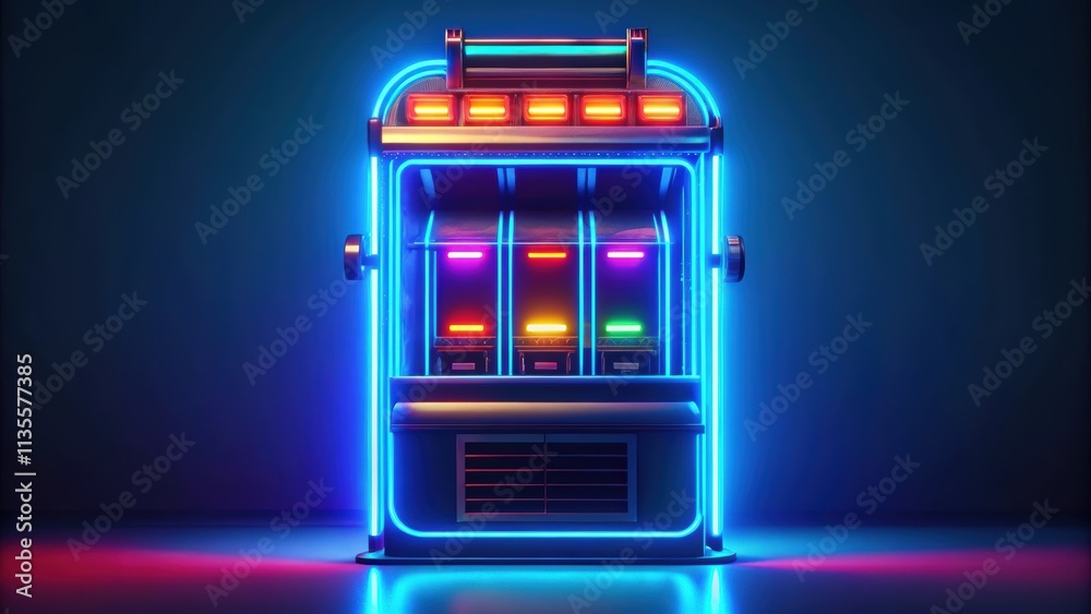 Obraz premium Neon slot machine displaying jackpot 777 in a futuristic render, neon, slot machine, jackpot, 777, futuristic, render, glowing
