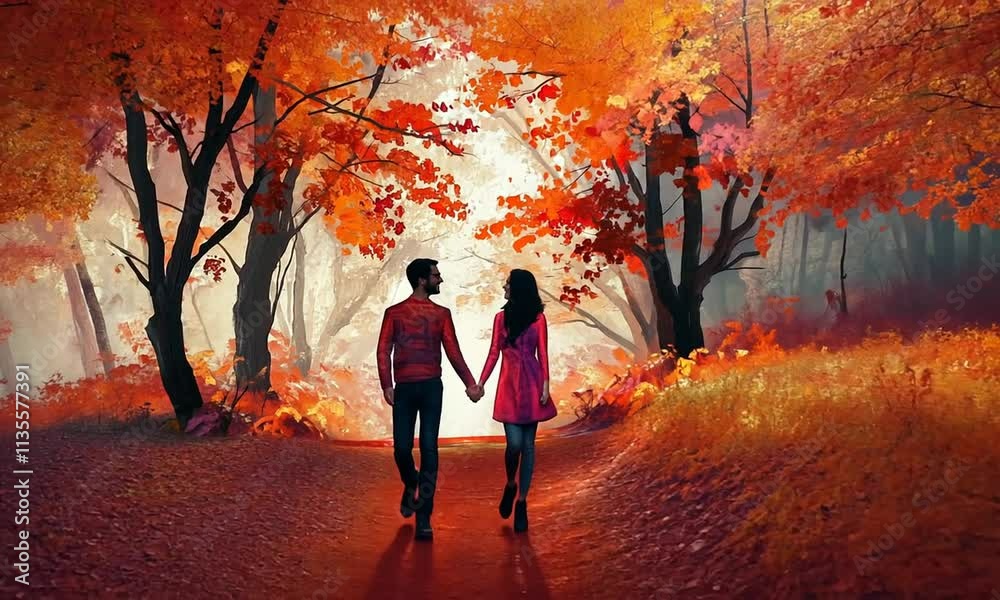 A couple walks hand-in-hand through a vibrant autumn landscape filled with orange leaves. A couple walks hand-in-hand through a vibrant autumn landscape filled with orange leaves.