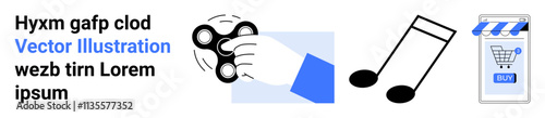 Hand holding fidget spinner, musical note symbol, and mobile shopping app with buy button. Ideal for e-commerce, music apps, fidget toy stores, online shopping, digital media, entertainment, stress
