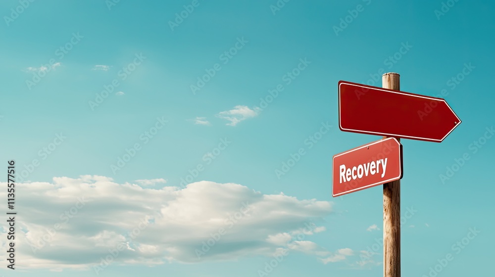 Recession unemployment concept. A red directional sign against a blue sky with clouds, indicating a path to recovery. Recession unemployment concept. A red directional sign against a blue sky with clouds, indicating a path to recovery.