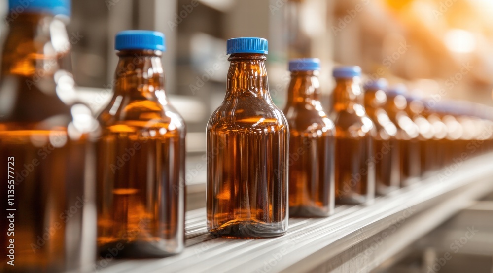 Bottles of amber-colored liquid on a shelf Bottles of amber-colored liquid on a shelf
