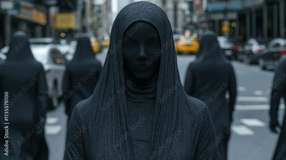 mysterious figure in dark hooded cloak on city street mysterious figure in dark hooded cloak on city street